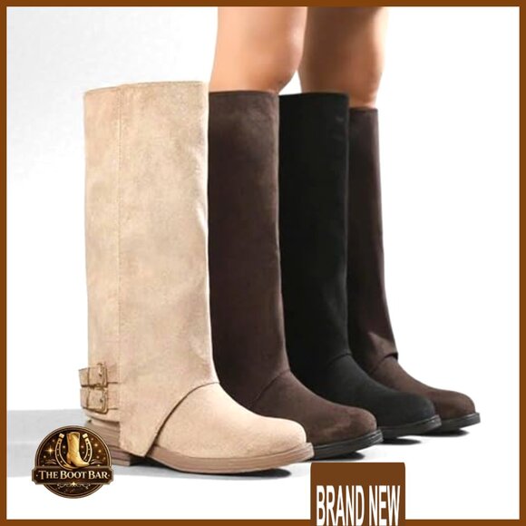 Faux Suede Fold Over Knee High Boots Classic Round Toe Block Heel Chic Vintage - Picture 7 of 7